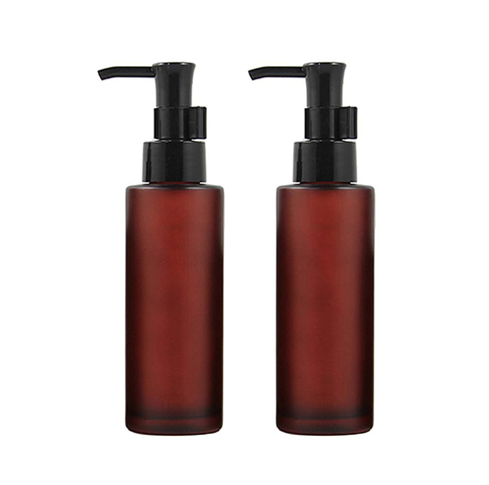 2Pcs 100ML/3.4oz Premium Frosted Glass Pump Bottles Toiletries Bottle Lotion Soap Dispenser Cosmetic Container Jar with Black Pump Top for Home Kitchen and Travel(Red Wine)