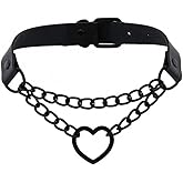 Nojess Gothic Punk Choker Necklaces for Women Slip Chain Necklaces Black PU Leather Heart Choker Adjustable Neckband Collar Choker Valentines Halloween Christmas Jewelry