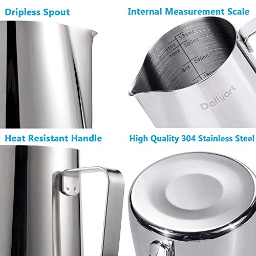 Dailyart Milk Frothing Jug Frothing Pitcher Espresso Steaming Pitcher Barista Tool Coffee Machine Accessory 304 (18/8) Stainless Steel 350ml (12oz)
