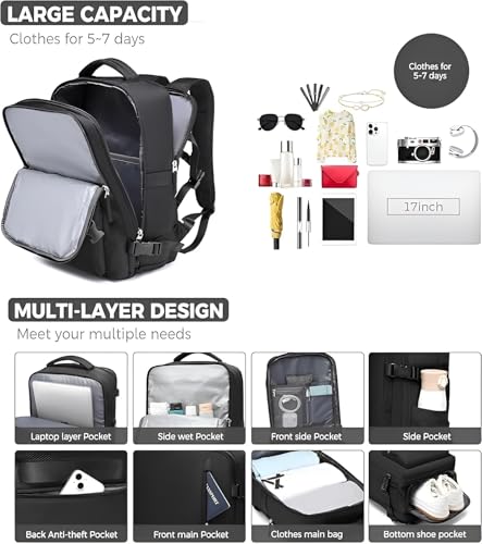 Luggage Travel Bag Backpack for Men and Women, Large Capacity Laptop Compartment, Carry On, Anti-Theft, Waterproof, Airline Approved, Travel Backpack with USB Charging Port
