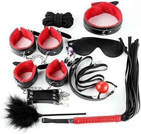 10 PCS Bed restraint restraintromance Kit with Adjustable Fur Leather Cullfs Set /Rope /Blindfold /Mouth Gag / Magic Wand / Cross Strap For Couples,Red