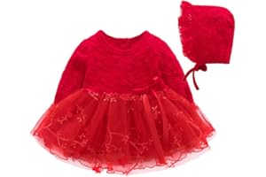 IDOPIP Toddler Baby Girl Long Sleeve Fall Dress Flower Lace Wedding First Birthday Baptism Christening Dresses with Hat Outfit