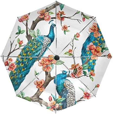 LORVIES Watercolor Vector Peacock Pattern Automatic 3 Folding Parasol Sun Protection Anti-UV Umbrella for Women