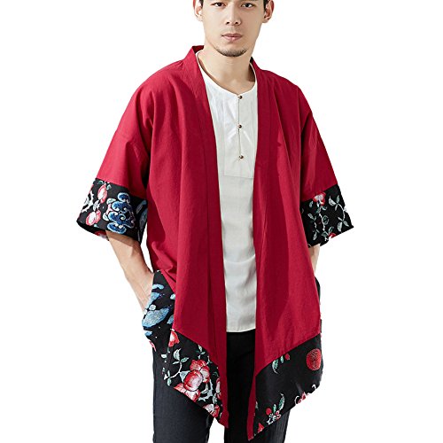 LZJN Men's Vintage Kimono Cardigan Cotton Linen Cloak Poncho Open Front Coat (Red, XL) - Thumbnail 7
