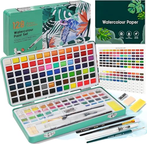 Water Colors Paint Set,Travel Watercolor Painting Set with Metal Case,Watercolor Painting Set Includes Brushes,Palette,8 Sheets of Watercolor Paper,Suitable for Beginners,Artists (128 colors)