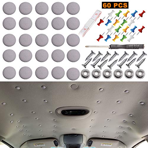 Niteguy 60pcs Car Roof Headliner Repair Button, Auto Roof Snap Rivets Retainer Design for Car Roof Flannelette Fixed, with Installation Tool and Fit Most Cars(Grey Grid)