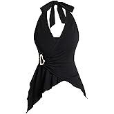 Verdusa Women's Going Out Tops Y2k Buckle Halter Top Ruched Asymmetrical Sleeveless Tops