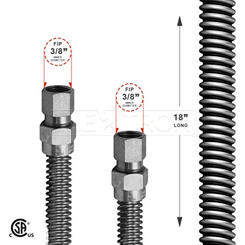 Flextron FTGC-SS38-18H Flexible Gas Line, Gas Pipe Connector With 1/2 in. Outer Diameter and 3/8 in. Inside Diameter; 3/8 in. FIP x 3/8 in FIP Fittings; Uncoated Stainless Steel Gas Hose 18 in. Long