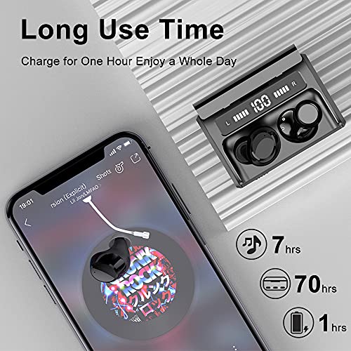 Wireless Headphones, Wireless Earbuds Bluetooth Headphones with Mic, 2600mAh 70H Playtime, HI-FI Stereo In Ear Headphones with LED Torch, IP7 Waterproof Sport Wireless Earphones for iOS Android, Black