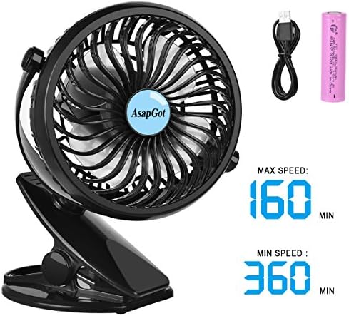 AsapGot Mini Battery Operated Clip Fan, Portable Table Fan Powered by 2600mAh Rechargeable Battery or USB, Quiet and Powerful Desk Personal Fan for Baby Stroller Car Gym Camping (Black)