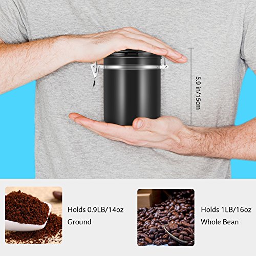 Coffee Container Airtight for Ground or Whole Beans Stainless Steel Vacuum Sealed Black Kitchen Storage Canister (16oz) - Thumbnail 5
