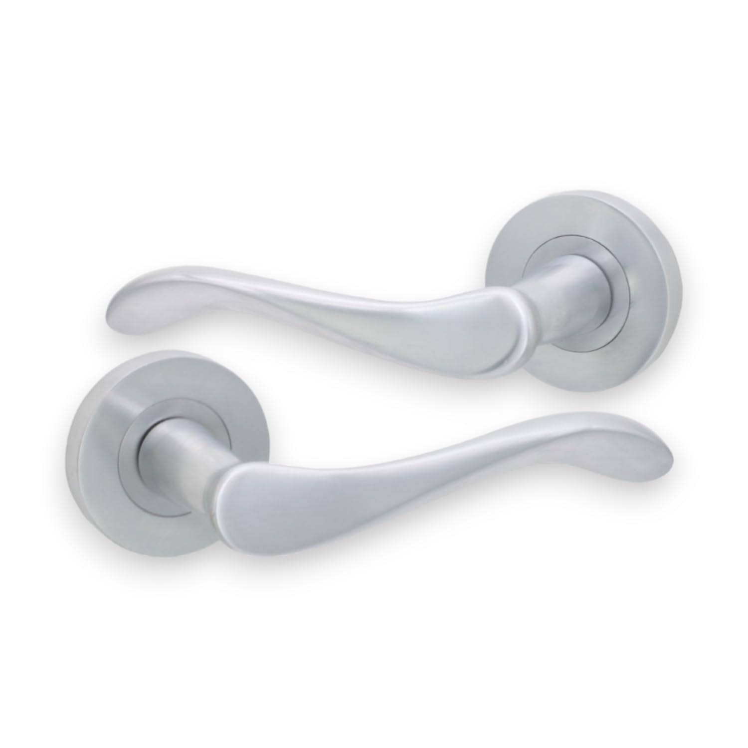 Infinity Decor Pair of Rosemarie Solid Brass Curved Lever Latch Door Handles on Round Rose Set Satin Chrome - for Interior & Exterior Use