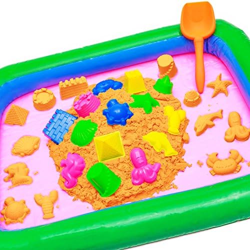 JUGGLEPIE Indoor Magic Kinetic Sand | Play Set Includes an Inflatable Sand Box, 14 Molds and Shovel – Locking Travel Storage Box – Great Educational and Sensory Toy for Kids – 4.41 Lbs