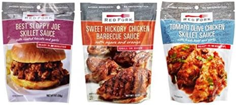 Red Fork Skillet Sauce 3 Flavor Variety Bundle: (1) Red Fork Best Sloppy Joe Skillet Sauce, (1) Red Fork Tomato Olive Chicken Skillet Sauce, and (1) Red Fork Sweet Hickory Chicken BBQ, 7.5-8 Oz. Ea.