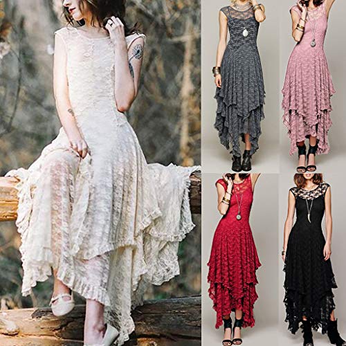 Sunmoot Cocktail Dresses,Women's Sexy Elegant Boho Lace Sleeveless Irregular Hem Double Layered Ruffled Trim Maxi Dress
