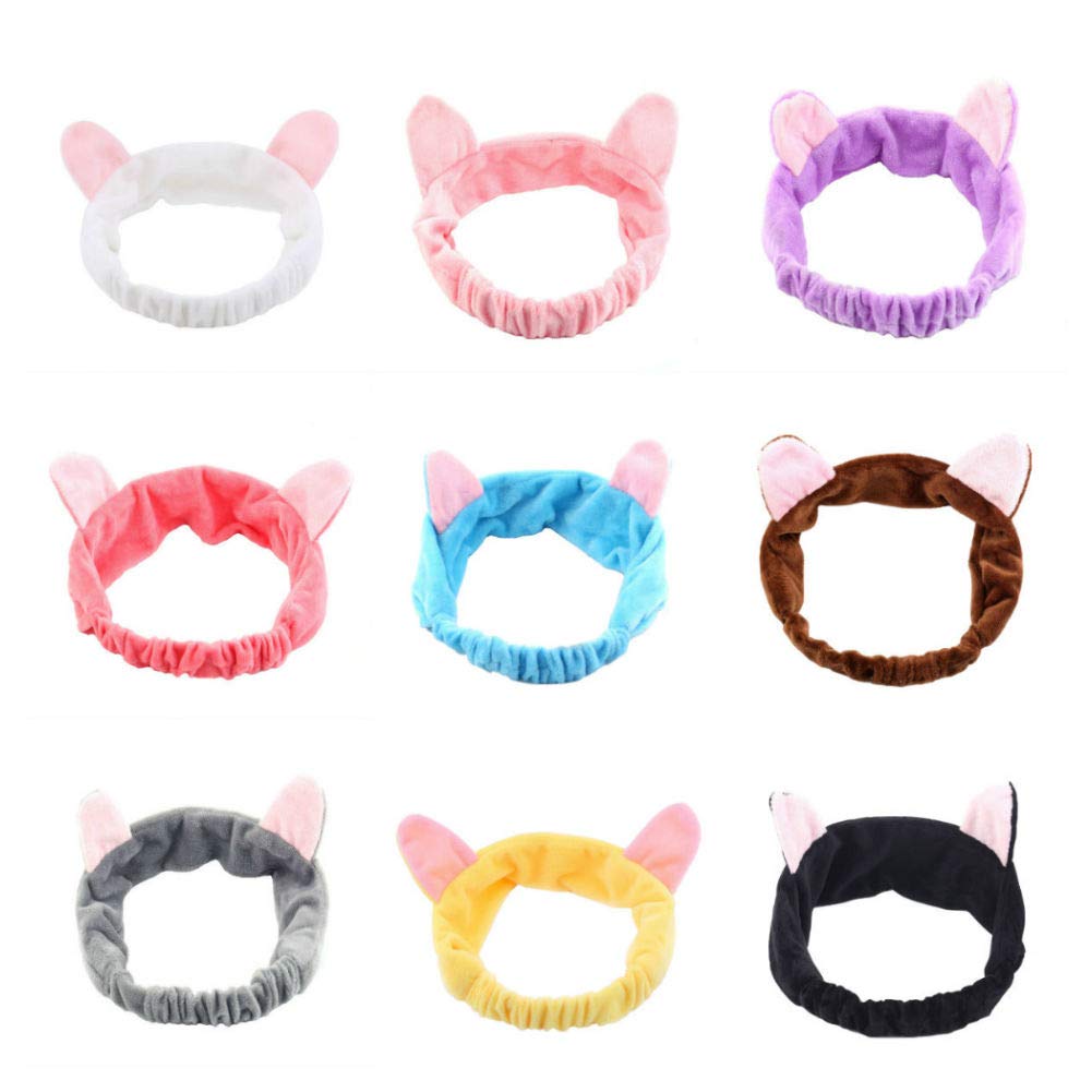 Aysekone 9 Pack Cute Cartoon Cat Ears Headband Wash Shower Make Up Spa Hair Bands Elastic Headwear Ornament Trinket Lovely Hair Hold Hair Accessories for Women Girls