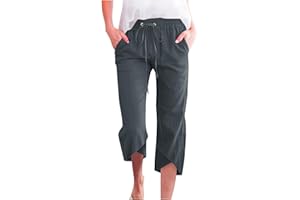 ZCJBWWHF Cotton Linen Pants for Women Summer Elastic Waist Solid Capris Pants Straight Wide Leg Cropped Trousers
