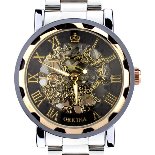 ORKINAMens Fashion Rose Gold Rim Tourbillon Dial Stainless Steel Strap Wrist Watch