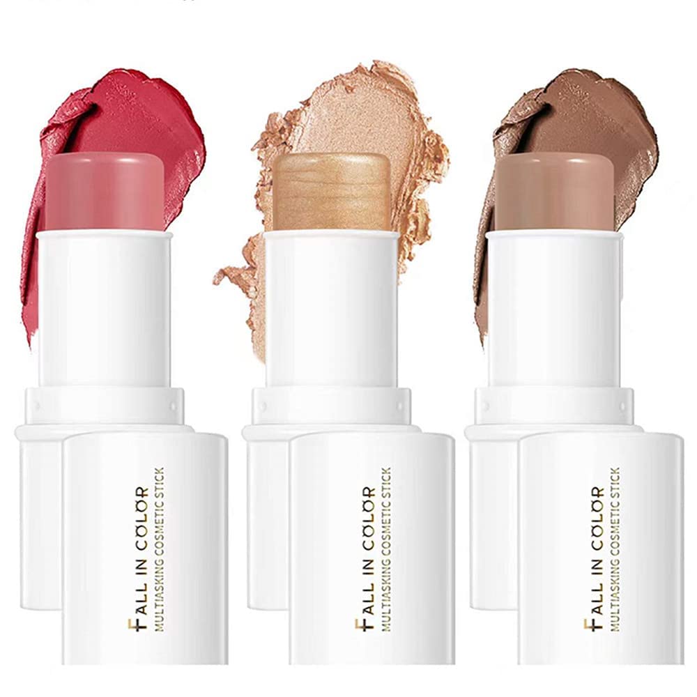 Mysense Makeup Sticks Set, 3 In 1 Set for Cheeks & Lips, Face Foundation Makeup for Daily Wear - Shimmer Highlighter, Rose Blush & Contour Concealer