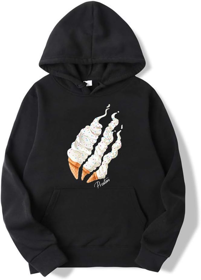 Kids Fashion Preston Playz Ice Cream Flame Hoodie Casual Fleece Long Sleeve Sweatshirts for Boys and Girls (Black, L)