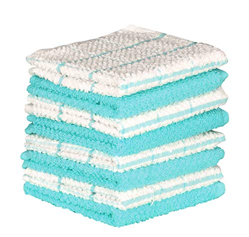 CASA DECORS Terry Kitchen Dishcloth Set of 8 (12 x 12 Inches), Turquoise, 100% Cotton, Highly Absorbent, Machine Washable