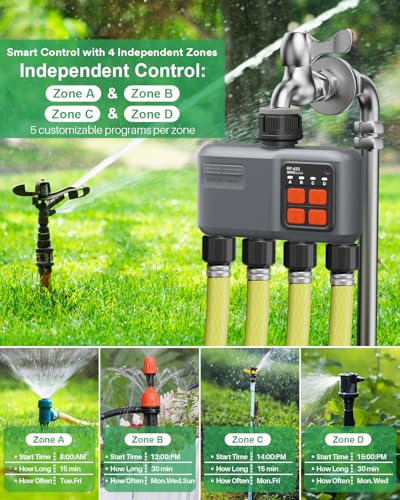 johgee 4 Way WiFi Irrigation Timer with RF 300M Technology, WiFi Irrigation Control, Compatible with Alexa & App, Watering Timer with 2 Modes & Rain Delay for Garden, Lawn