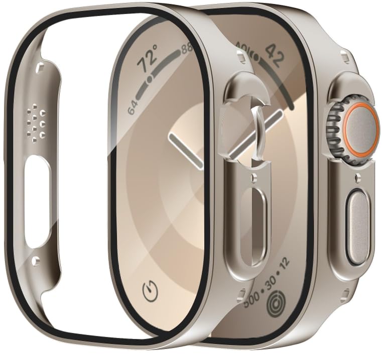 Photo 1 of Smiling 2 Pack Case with Built in Tempered Glass Screen Protector Compatible with Apple Watch Ultra 2/Ultra 49mm, Hard PC Case Overall Protective Cover - Titanium