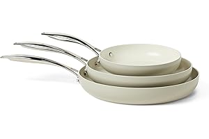 鶹 Basics Ceramic Nonstick Cookware, 3-Piece Set of Pans, All Cooktop Friendly, Dishwasher Safe, Linen Gray
