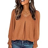 Misakia Women's Long Sleeve Shirts Fall Tops Dressy Casual Loose Puff Sleeve Tops Pleated Tunic - Crew Neck & V-Neck T-Shirts