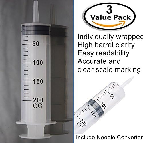 3 Pack 200ml Syringes, Large Plastic Indutrial Syringe Great for Scientific Labs, Refilling, Measuring E-Liquids, E-cigs, E-juice, Vape