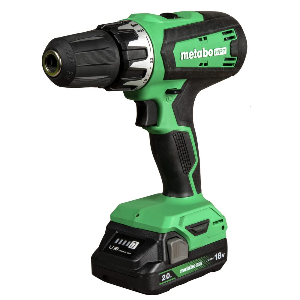 Metabo HPT 18V Cordless Drill Driver Kit, 1/2-Inch Keyless Chuck, Compact Power Drill Driver with 2.0Ah Lithium-Ion Metabo Battery, Charger and Bag, Powerful 470 in-lbs Torque, Two Speed Gear, DS18DFX
