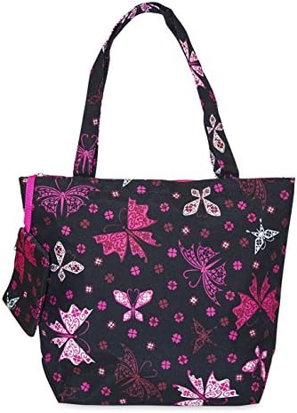 J Garden Black Pink Butterfly Large Travel Tote Bag 16-inch