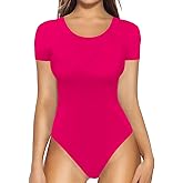 MANGOPOP Round Neck Short Sleeve Bodysuit for Women Basic Body Suit Shirts Tops Rose Pink M