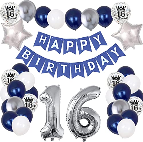 16th Birthday Decorations for Boys Girls, 16th Birthday Party Supplies with HAPPY BIRTHDAY Banner and Number 16 Balloons, Silver Navy Blue Theme Party for Her Sweet 16 Years Old Birthday Decorations
