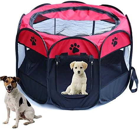 XNBAMB Pet Puppy Dog and Cat Playpen Exercise Pen Kennel 600D Oxford Cloth 36''×36''×24'' (Red)