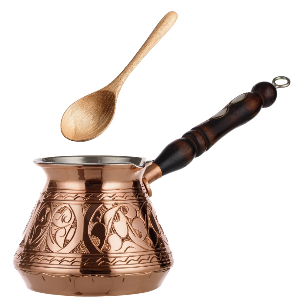 DEMMEX Thick Copper Turkish Greek Arabic Coffee Pot 250 ml, Traditional Hand Engraved Cezve Ibrik Briki with Wooden Handle & Spoon, Handmade in Turkey (Engraved)