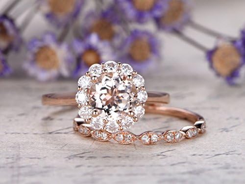2pcs Bridal Ring Set,7mm Round Cut 1.2ctw VS Natural Pink Morganite Charles &amp; Colvard Moissanite Floral Halo Engagement Ring Half Eternity Marquise Diamond Matching Wedding Band Promise Proposal