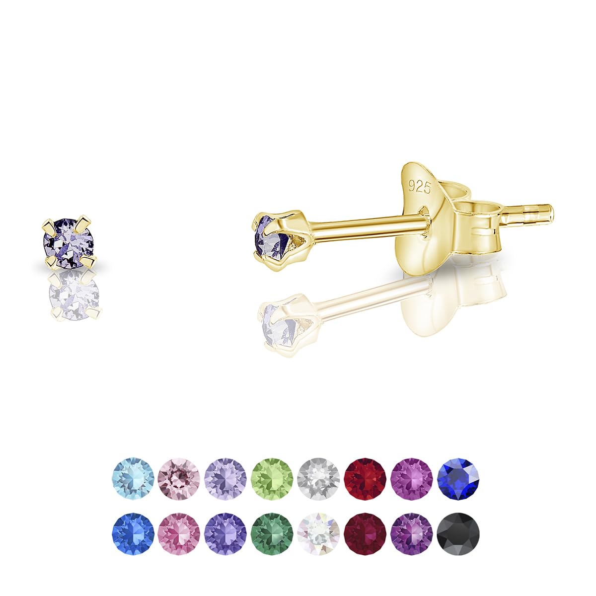 DTPSilver - 925 Sterling Silver Yellow Gold plated Round TINY Stud Earrings made with Glittering Crystals from Swarovski® Elements - Diameter: 2 mm - Colour : Provence Lavender