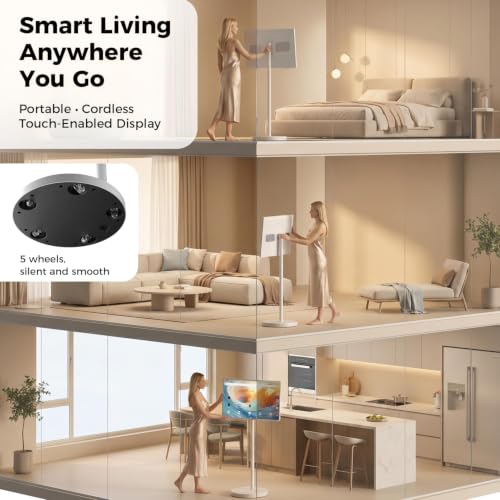 VLH 32" Smart Portable TV on Wheels,1080P Touchscreen Rolling TV Built-in 38,400 Battery, Android 15 OS, 8+128GB, Voice/Airmouse Remote Control, Television on Wheels with Camera