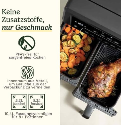 XXL Air Fryer, ohne PFAS, Kochen ohne Chemikalien, Airfryer, Braten, Grillen, Gebäck, Dehydrierung, Max Crisp und Warmhalten, Doppelschubladen, 2 x 5,2 l