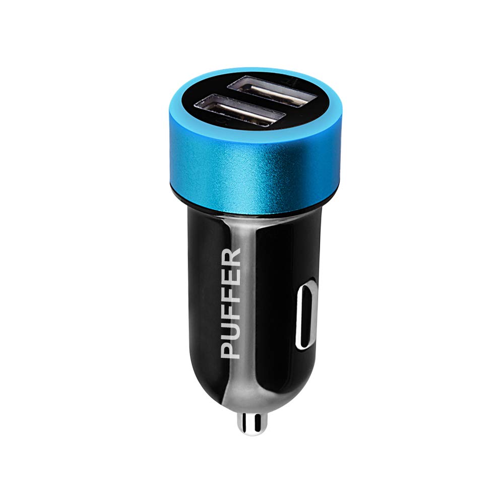 PUFFER Car Charger, Compact Dual USB 24W Fast Charging Compatible Adapter with Blue LED, for iPhone 15/14/13/12/XR/XS, iPad, Samsung Galaxy, LG – 12V Cigarette Lighter Socket