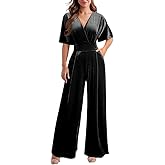 DAAWENXI Women's Casual Velvet V Neck Short Sleeve Jumpsuits Long Wide Pants One Piece Romper with Pocket
