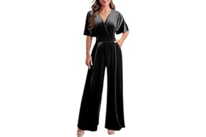 DAAWENXI Women's Casual Velvet V Neck Short Sleeve Jumpsuits Long Wide Pants One Piece Romper with Pocket