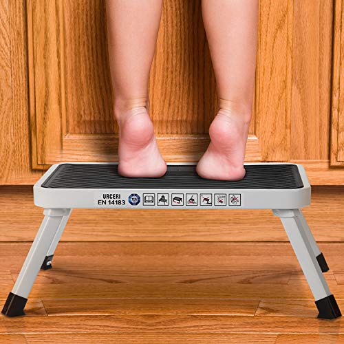 URCERI Folding Steel Step Stool with Non-Skid Plastic Platform Portable Lightweight One Step Ladder with Built-in Handle and Max Load 330 lbs. for Adults Seniors Kids to use at Home Bathroom Kitchen