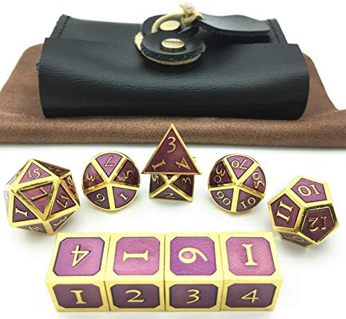 Momostar Metal Polyhedral Dice Set of 7 + 3 D6, Delicate Leatherette Box & Cleaning Cloth. Great for RPG, D&D. -Golden & Lavender Background.