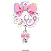 Pink Bow Cute Badge Reel, Cute Bow Retractable Nurse Alligator Clip for Women, ID Badge Reel Name Tag Badge Holder for Office School Hospital Nurses Doctors Teachers