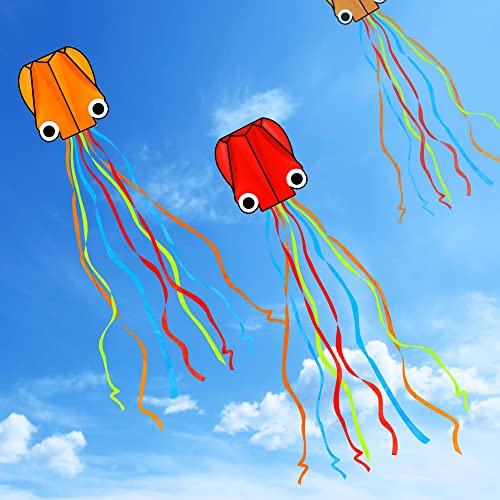 Octopus Kites 3-Pack - Easy Flying Beach Kites With Long Tails & 100M String For Kids Adults (Green, Orange, Pink)