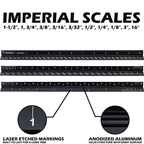 Architectural Scale Ruler 12" - Professional Grade Triangle Metal Design - Aluminum Imperial Laser Etched Scales - for Architects, Drafting, Blueprints, Engineering - Makes A Great Gift for Architect - Thumbnail 2