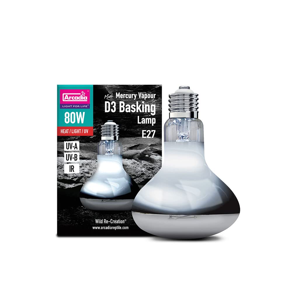 Arcadia Mercury Vapour D3 UV Basking Lamp 80W. Full Spectrum UVA Reptile Heat Lamp Bulb for Bearded Dragon,Tortoise, Reptile & Turtle. All-in-One Basking lamp. Reptile Vivarium & Terrarium Light