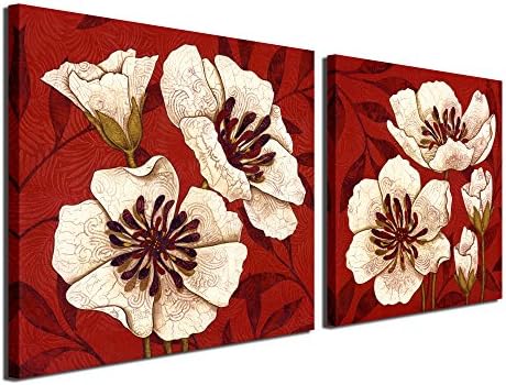 Gardenia Art - Flowers in Red Canvas Prints Wall Art Paintings Abstract Flowers for Girls' Women's Room Living Room Bedroom Decoration, 12x12 inch/piece, 2 Panels